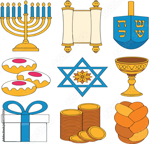 Collection of hanukkah symbols including menorah dreidel torah and star of david