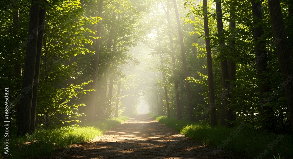 Obraz premium Sunlight streams through trees illuminating a path in a lush forest, creating a serene and enchanting scene.
