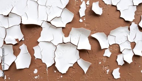 Close-up shows peeling white paint on a brown wall, creating a textured, aged appearance