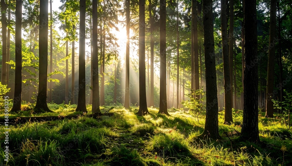 Obraz premium Sunlight streams through a misty forest (1)