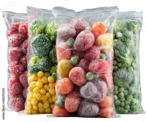 Three clear plastic bags filled with frozen fruits and vegetables.  Frozen mixed berries, broccoli florets, and a medley of colorful vegetables
