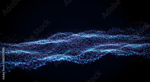 Abstract network of interconnected dots and lines forming a dynamic digital landscape with a dark background.