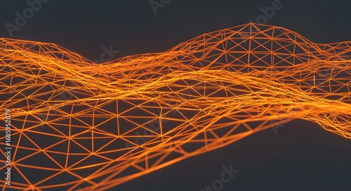 A warm, glowing network of interconnected lines forms an undulating, abstract landscape against a dark background.
