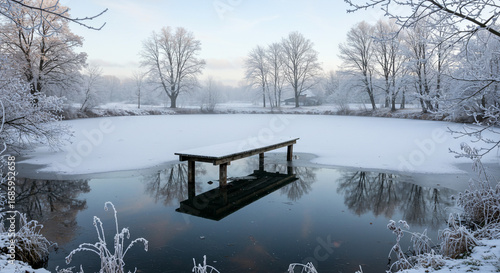 Stunning winter wonderland scene of a frozen lake and dock covered in snow with tree reflections