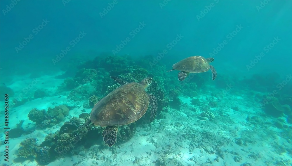 Obraz premium Two sea turtles swimming in clear shallow water over a coral reef