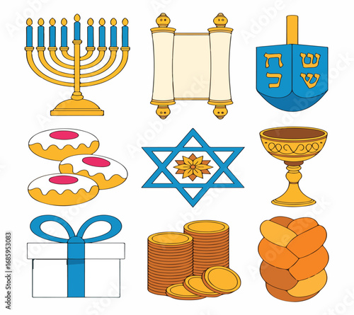 Cheerful Hanukkah Icons: Menorah, Dreidel, Star of David, Sufganiyot, and More in Flat Design Style