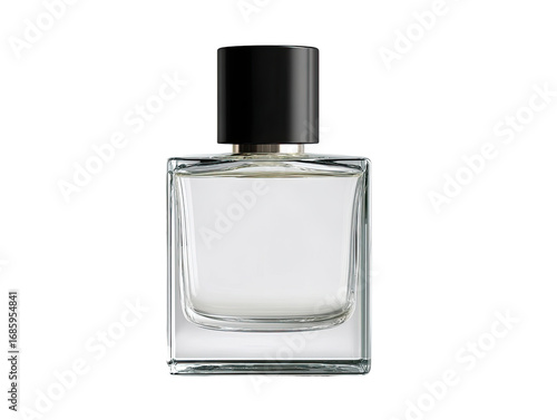 Empty rectangular glass perfume bottle. Black cap