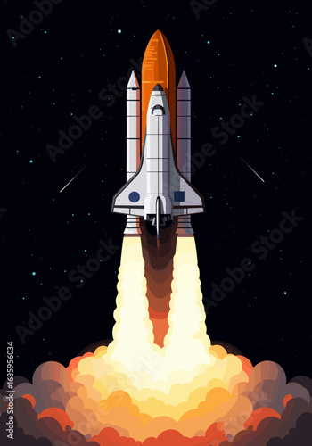 Rocket launching into space with flames and stars in background  