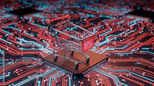 A shopping cart on a microchip with red and blue circuit board lines in the background image