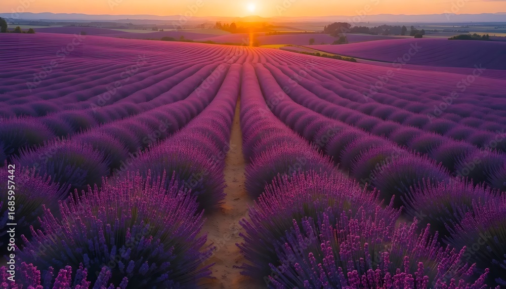 Obraz premium Dreamy lavender fields stretch to the horizon under a golden sunset in the tranquil countryside