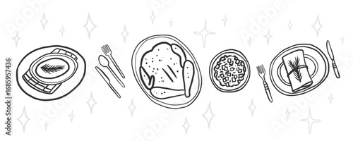 Charming whimsical outline illustrations of holiday table elements including plates, cutlery, glasses, turkey and festive dinner setting for invitations, greeting cards, menus, posters, packaging