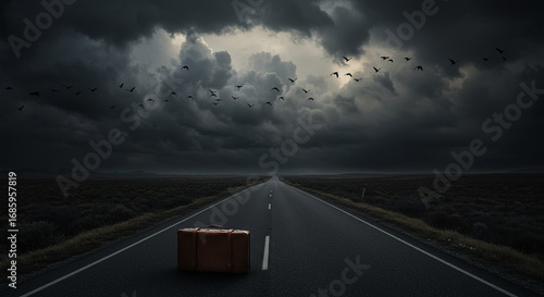 Lone suitcase awaits journey on open road under dramatic stormy skies with flock of birds overhead