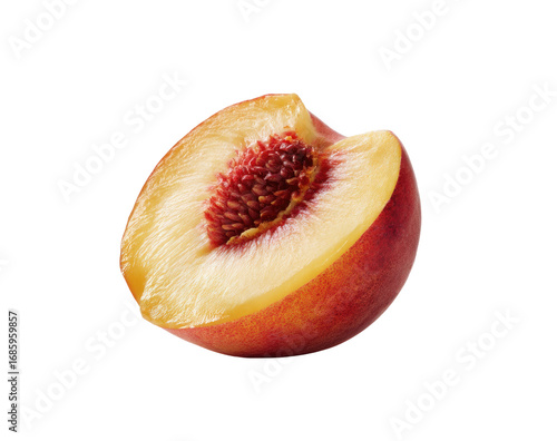 Close-up of a peach half, showing the juicy flesh,  reddish-pink skin, and a pit with tiny seeds