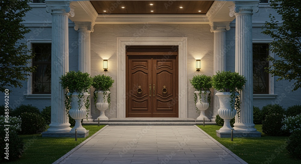 Fototapeta premium Elegant Mansion Entrance at Night door exterior columns classica