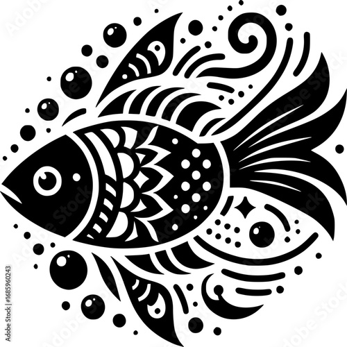 Oceanic Contour: An abstract illustration of a meticulously crafted fish, immersed in a stylized aquatic environment, composed entirely of elegant contours.