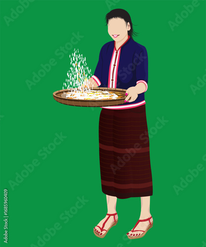A country girl winnowing rice with a winnowing basket vector design
