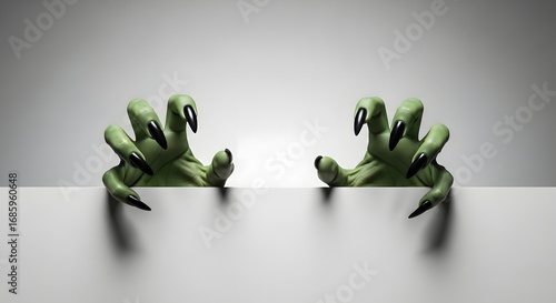 Two creepy green monster hands with sharp claws emerge from behind a white surface, isolated on white background, suggesting a scary surprise