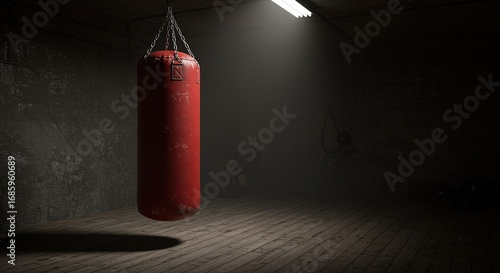 Red Punching Bag in Dark Gym Boxing Training Room workout fitnes