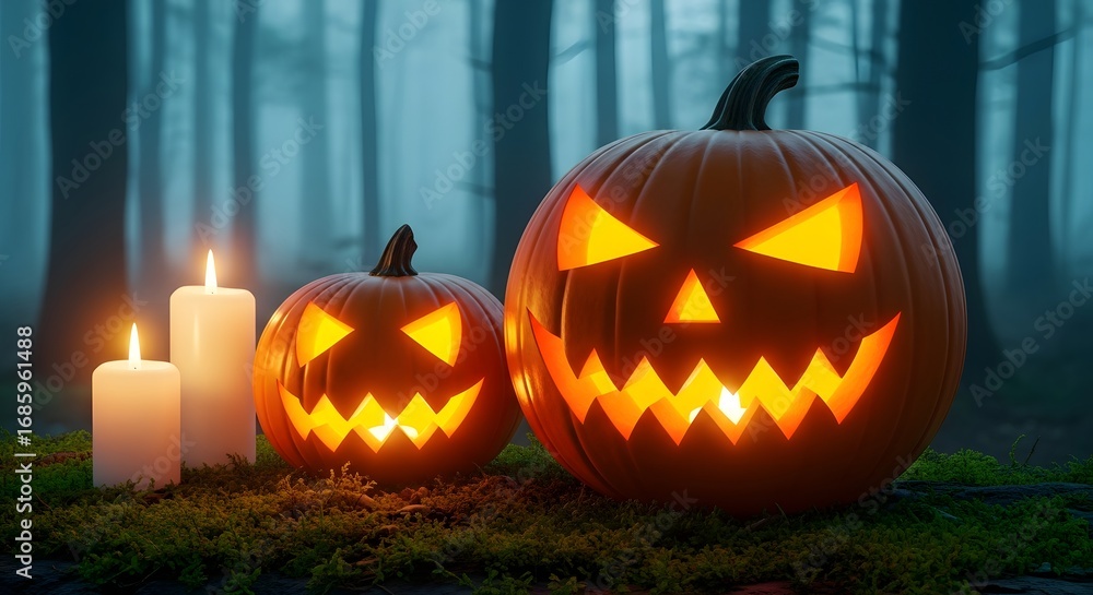 Fototapeta premium Two carved halloween pumpkins with glowing faces sit in a dark, misty forest at night, illuminated by three flickering white candles