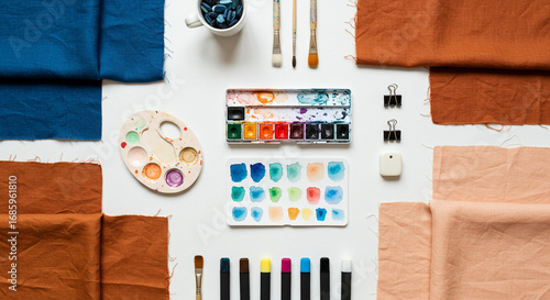 Vibrant art supplies and colorful fabric swatches inspire creative projects and design ideas