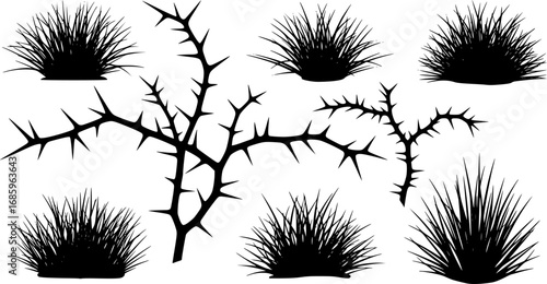 silhouette of a thorny bush with spiky branches and dry grass vector set