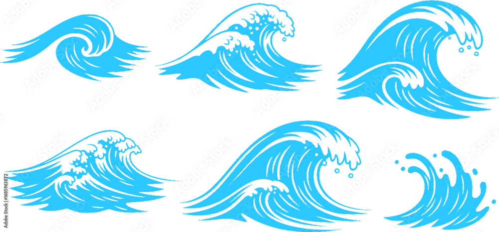 Fototapeta premium Set of sea wave silhouette isolated on white background.