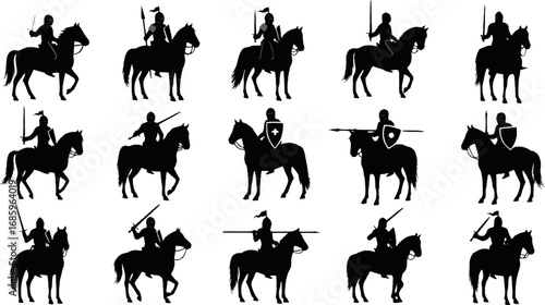 Horseback knight silhouette horse warrior paladin medieval vector set
