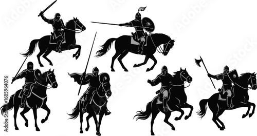 Horseback knight silhouette horse warrior paladin medieval vector set
