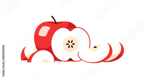 Graphic stylized red apple slice illustration, representing freshness and health