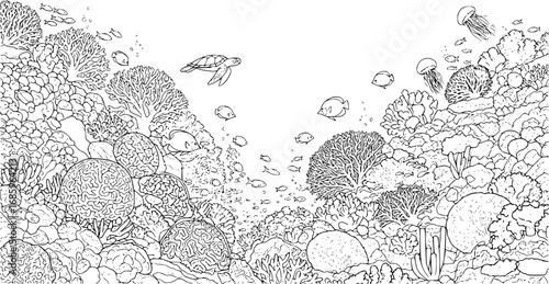 coral reef cad line art vector illustration coral reef outlines, showcasing underwater marine life a