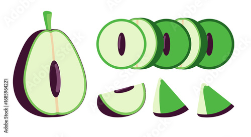 Stylized slices and halves of dark green plum fruit set on white background