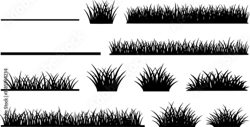Set of grass line cad and silhouettes isolated on white background. Ground cover.