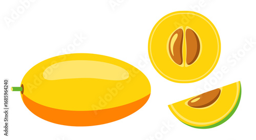Lucuma fruit digital rendering, featuring whole, cross-section and a slice
