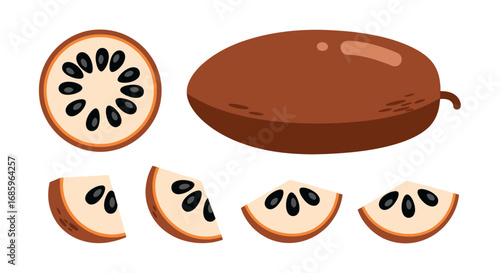 Illustration of whole and sliced cherimoya showing brown skin and black seeds
