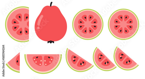 Whimsical guava fruit arrangement, showing sliced and whole, digital