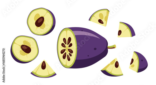 Artistic graphic rendering of star apple fruit slices, whole and segmented