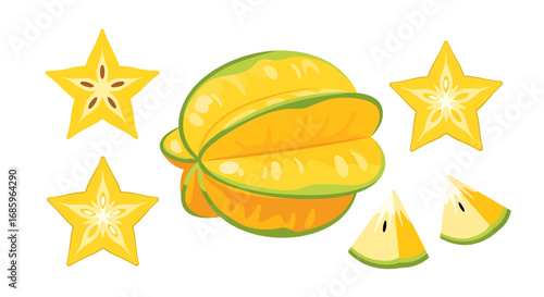 Stylized star fruit arrangement, exotic fruit with graphic vibrant appearance