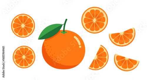 Vibrant orange composition featuring whole fruit, segments, and cross-sections