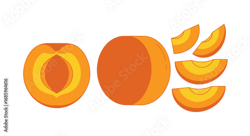Stylized peach composition showcasing a whole fruit and various sliced segments