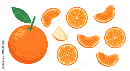 Whimsical arrangement of orange slices and a whole orange in digital style
