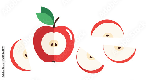 Stylized vibrant fruit illustration: A red apple with several detailed slices