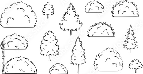 silhouette trees shrubs and bushes. isolated on white background
