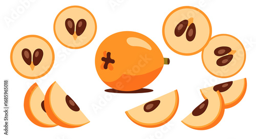 Vibrant loquat fruit slices arrangement displaying unique cut styles on white