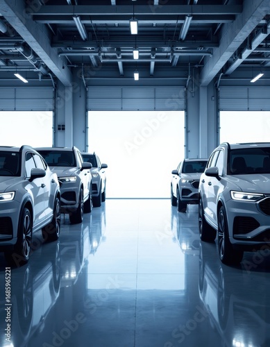 Fleet garage featuring multiple vehicles in a spacious vehicle bay