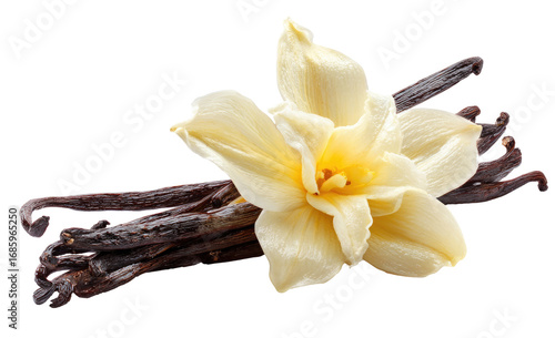 Close-up of vanilla pods and blossom.  A pale yellow vanilla flower rests atop dark brown vanilla pods