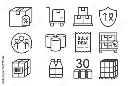 Bulk Sales Icons. Line style icons of bulk sales: large box with percent tag, warehouse cart, stacked product tray, multi-pack
