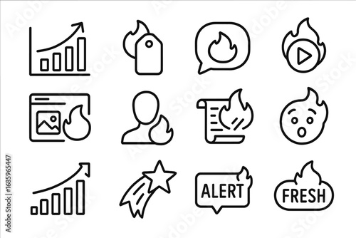 Hot Trend Icons. Line style icons of hot trends: chart with arrow on fire, fashion icon with flame tag, buzzword in heat bubble,