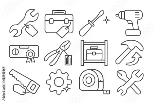 Line Icons of Tools. Line style icons of new tools and gadgets: wrench with “NEW” label, tool kit with tag, screwdriver and glow