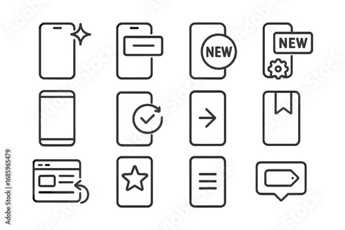 App Feature Icons. Line style icons of new app features: smartphone with sparkle icon, update notification, badge on screen,