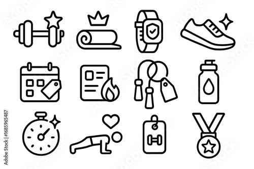 Fitness Icon Set. Line style icons of popular fitness routines: dumbbell with star, yoga mat and crown, fitness tracker with badge